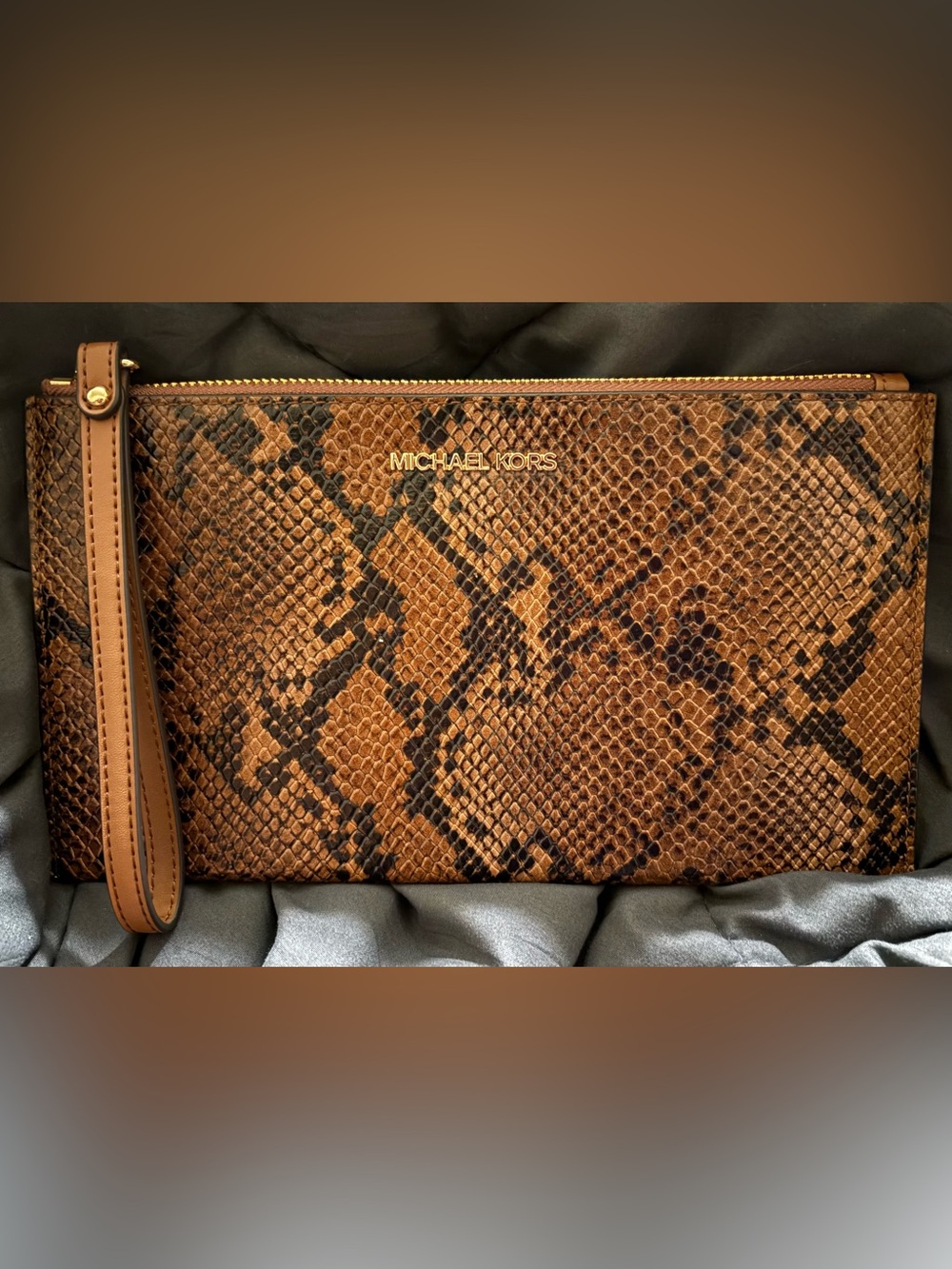 Michael Kors Brown Snake-Print Wristlet with Gold Logo